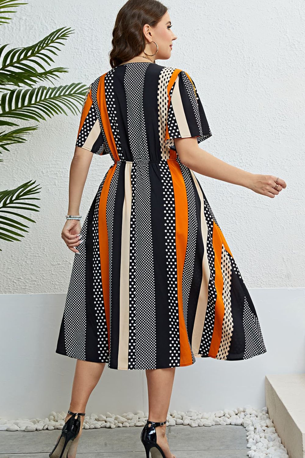 Honey Mixed Print Striped Flutter Sleeve Dress