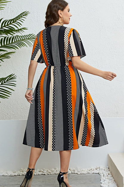 Honey Mixed Print Striped Flutter Sleeve Dress