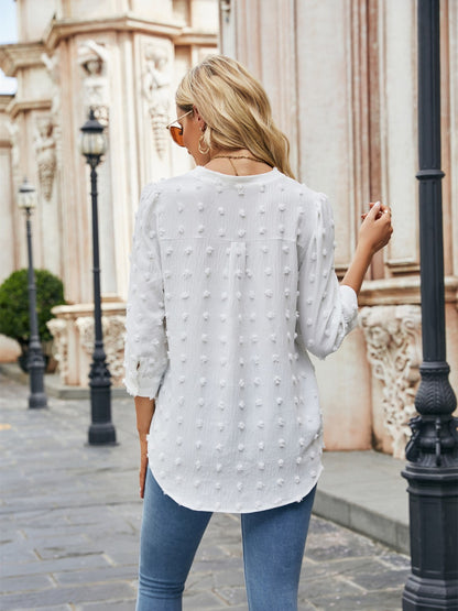 Swiss Dot Notched Neck Blouse