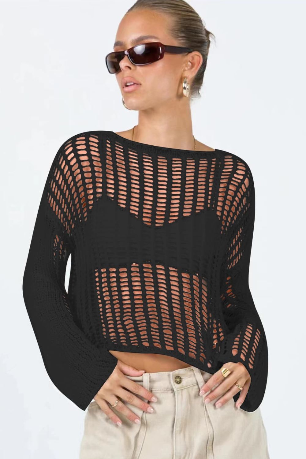 Openwork Boat Neck Long Sleeve Cover Up