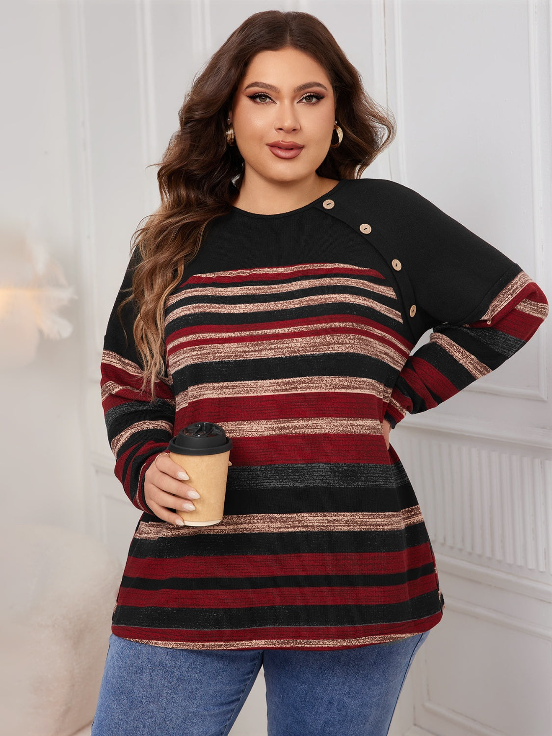 Honey Plus Size Decorative Button Striped Round Neck Long Sleeve T-Shirt