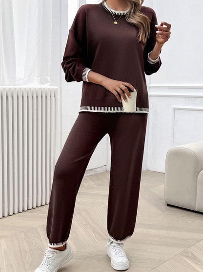 Devine Round Neck Dropped Shoulder Top and Pants Sweater Set