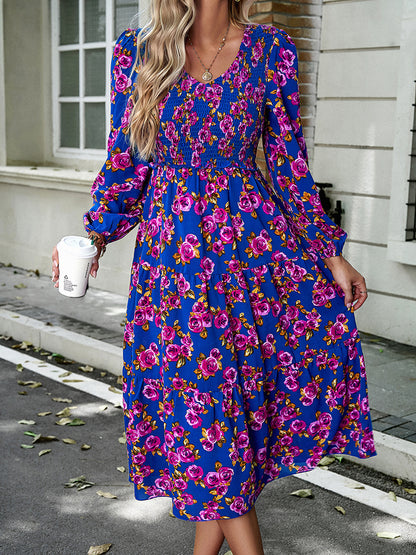 Devine Floral Print Smocked Midi Dress