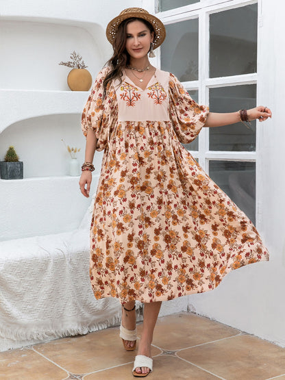 Plus Size Printed Tie Neck Half Sleeve Midi Dress