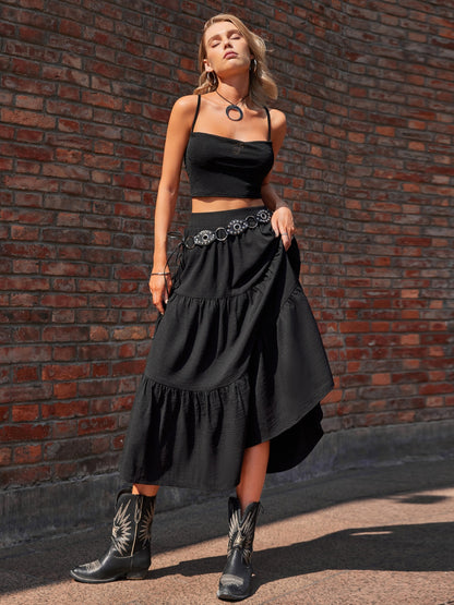 Elastic Waist Tiered Midi Skirt