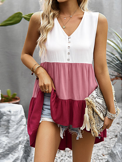 Devine Color Block Buttoned V-Neck Sleeveless Tank