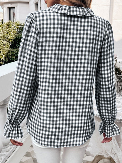 Devine Frill Ruffled Plaid Long Sleeve Shirt