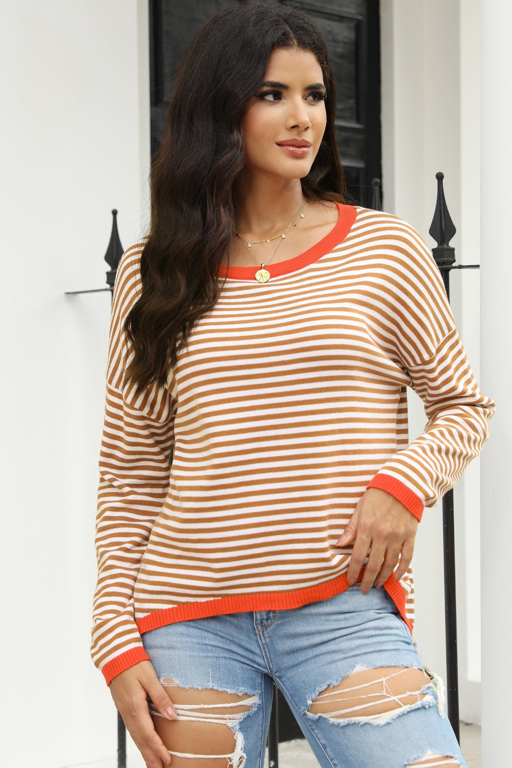 Striped Round Neck Drop Shoulder T-Shirt