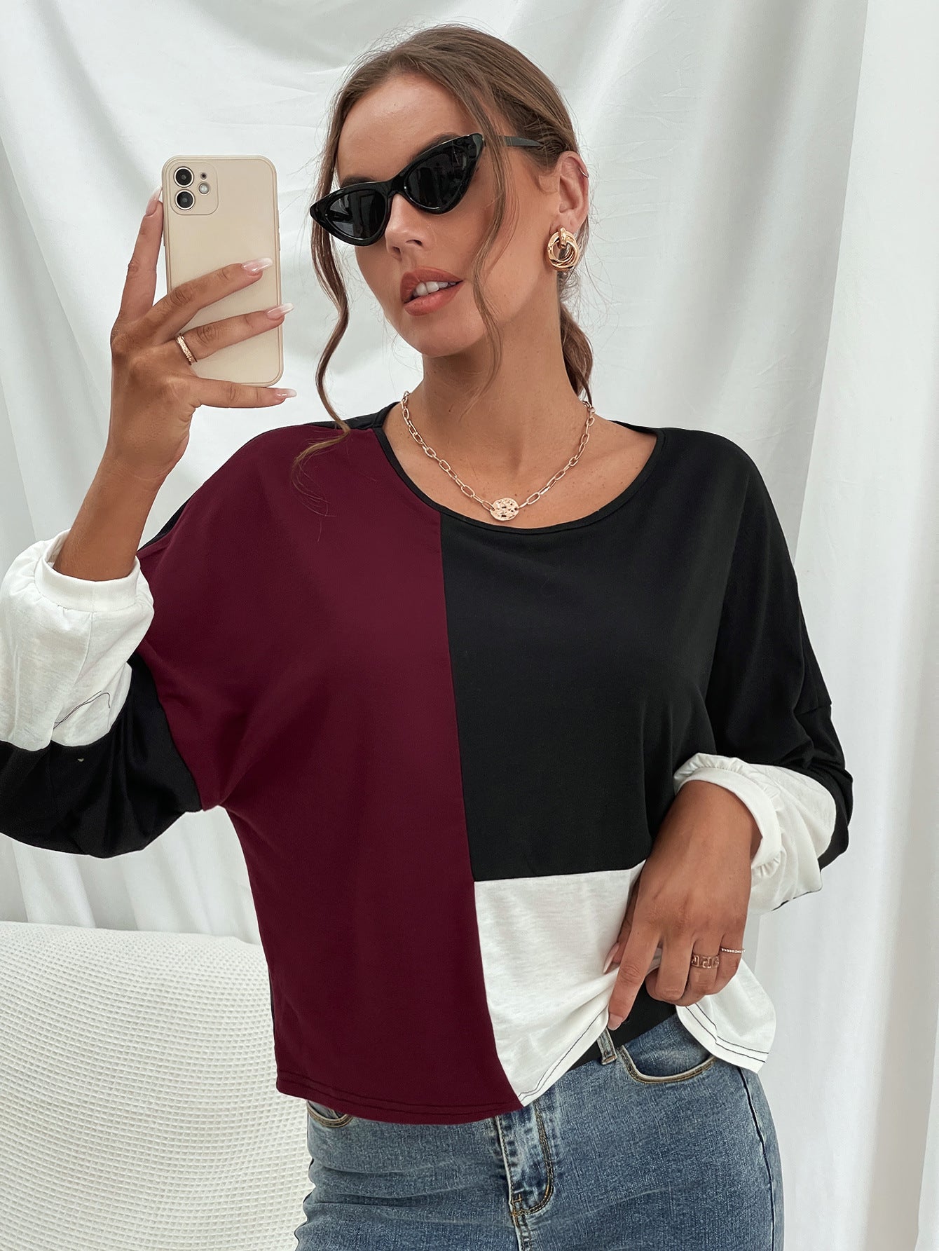 Ivy Lane Three-Tone Color Block Dropped Shoulder Long Sleeve Tee