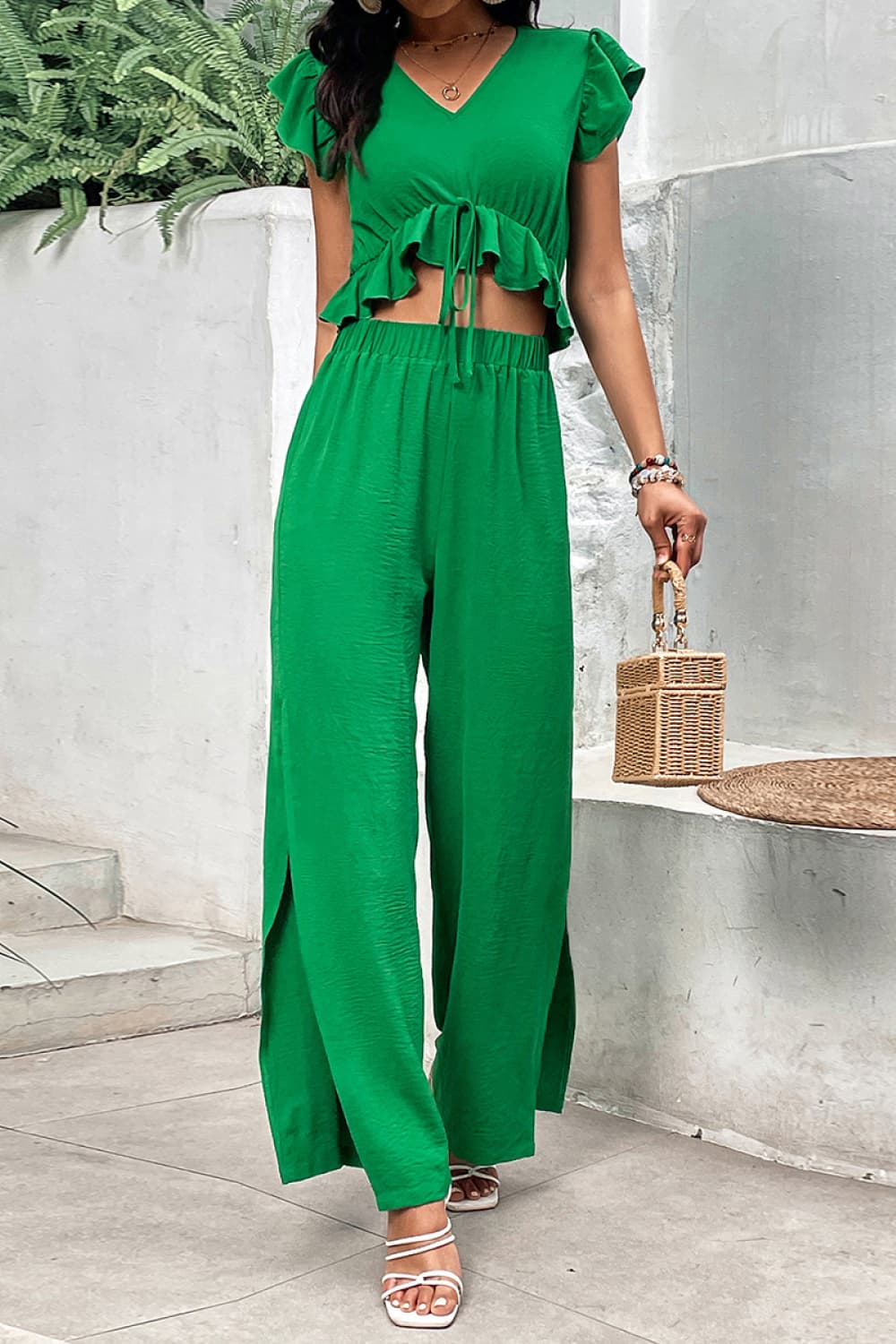 Honey V-Neck Ruffle Hem Top and Slit Pants Set