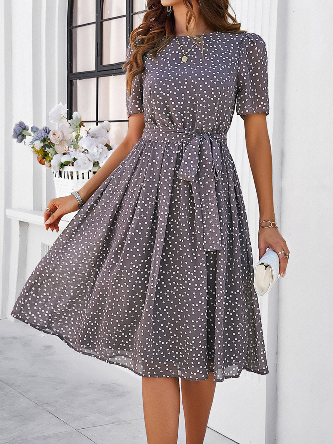 Devine Printed Round Neck Short Sleeve Dress