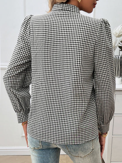 Devine Pocketed Plaid Tie Neck Long Sleeve Shirt