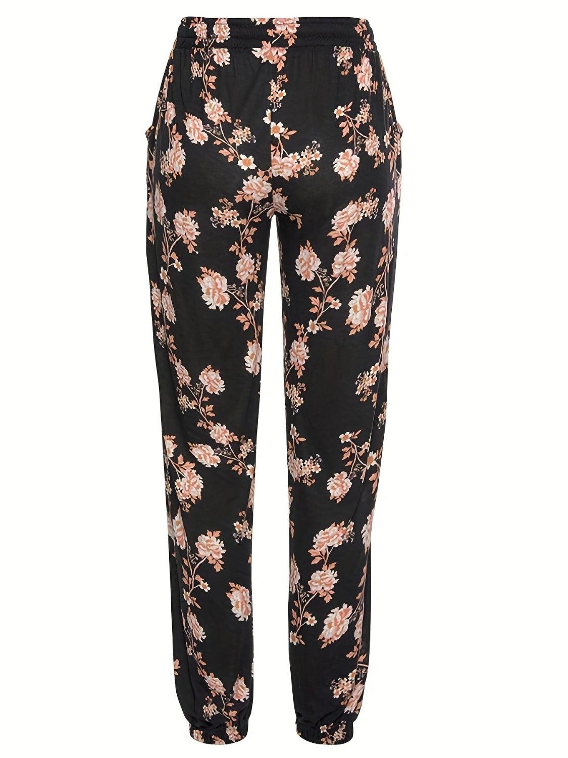 Drawstring Flower Pants with Pockets