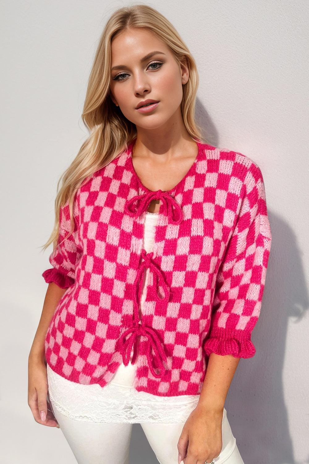 Double Take Tied Checkered Dropped Shoulder Flounce Sleeve Cardigan