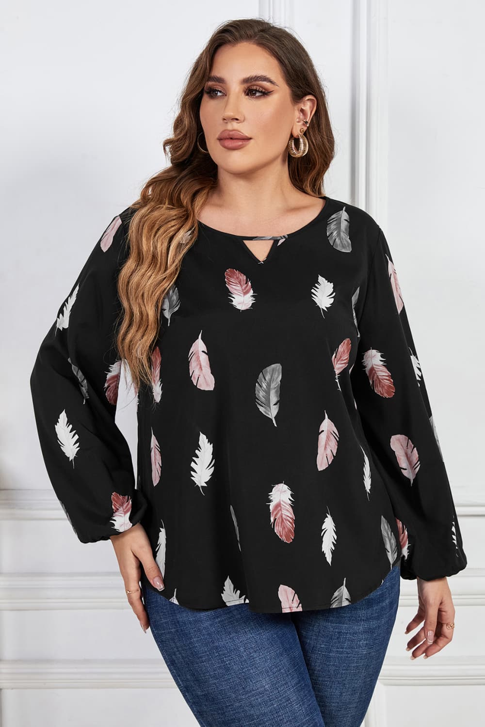 Honey Melo Apparel Plus Size Printed Round Neck Long Sleeve Cutout Blouse