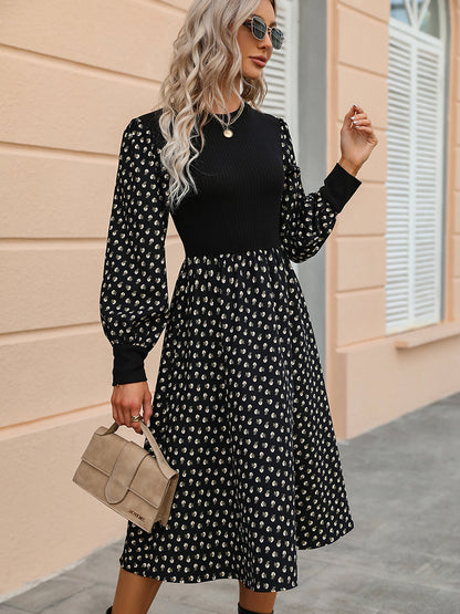 Honey Printed Round Neck Long Sleeve Dress