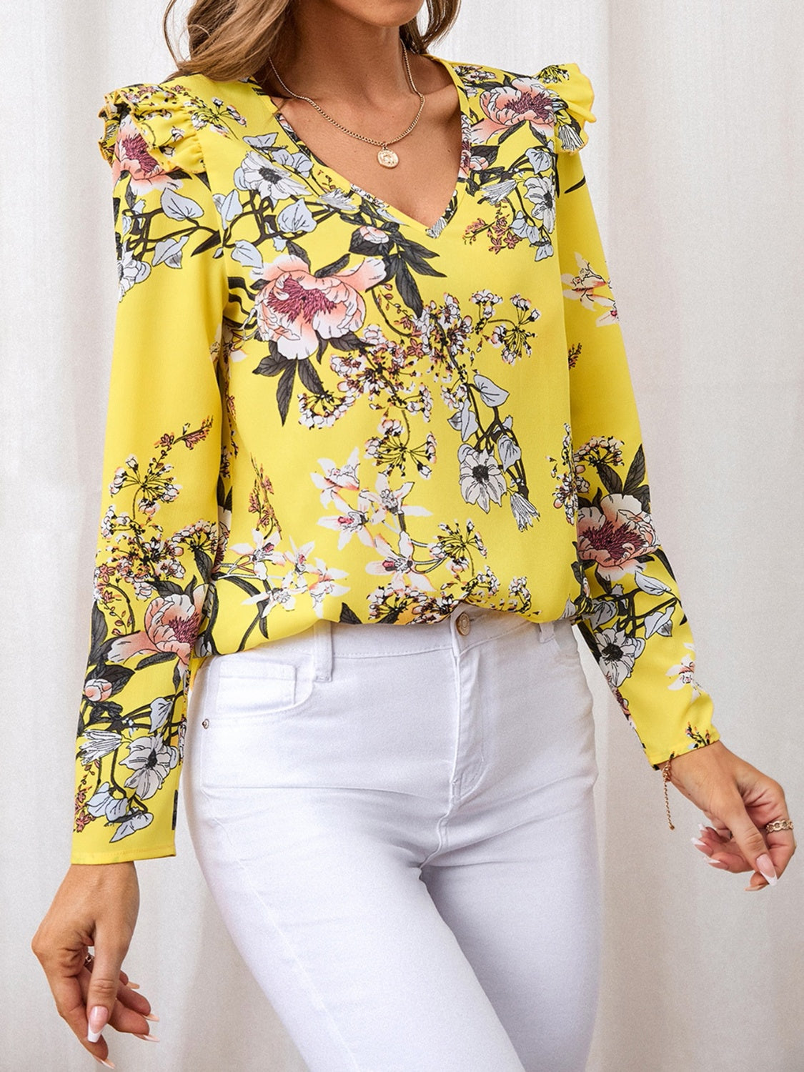 Ruffled Printed V-Neck Long Sleeve Blouse