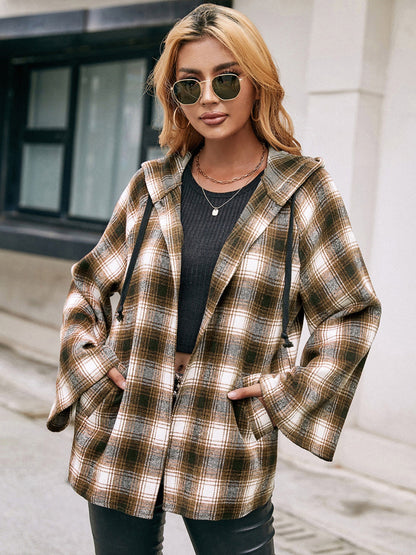 Ivy Lane Pocketed Plaid Long Sleeve Hooded Jacket