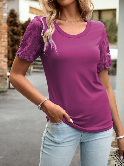 Devine Lace Detail Round Neck Short Sleeve T-Shirt