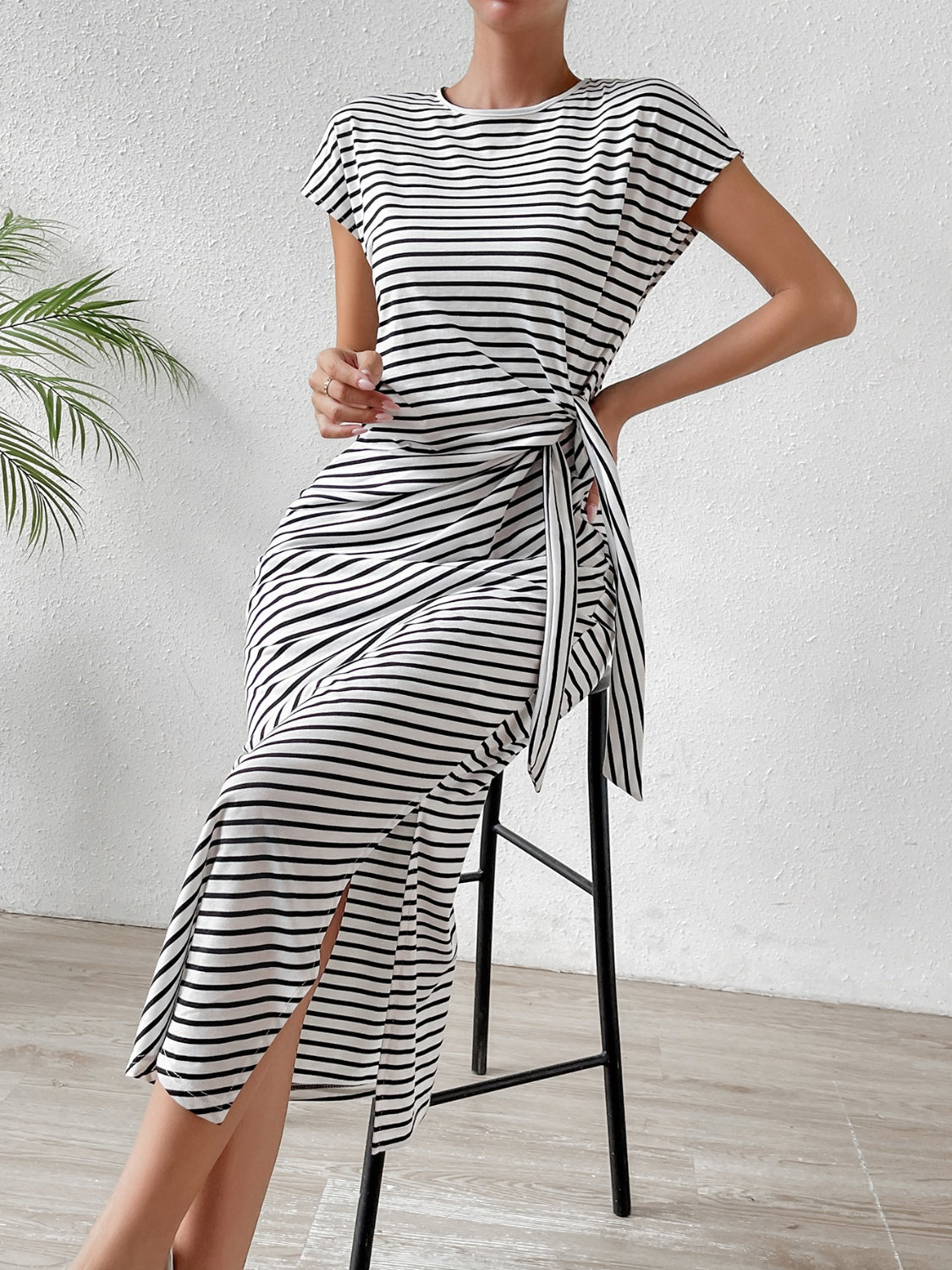 Honey Tied Striped Round Neck Short Sleeve Tee Dress