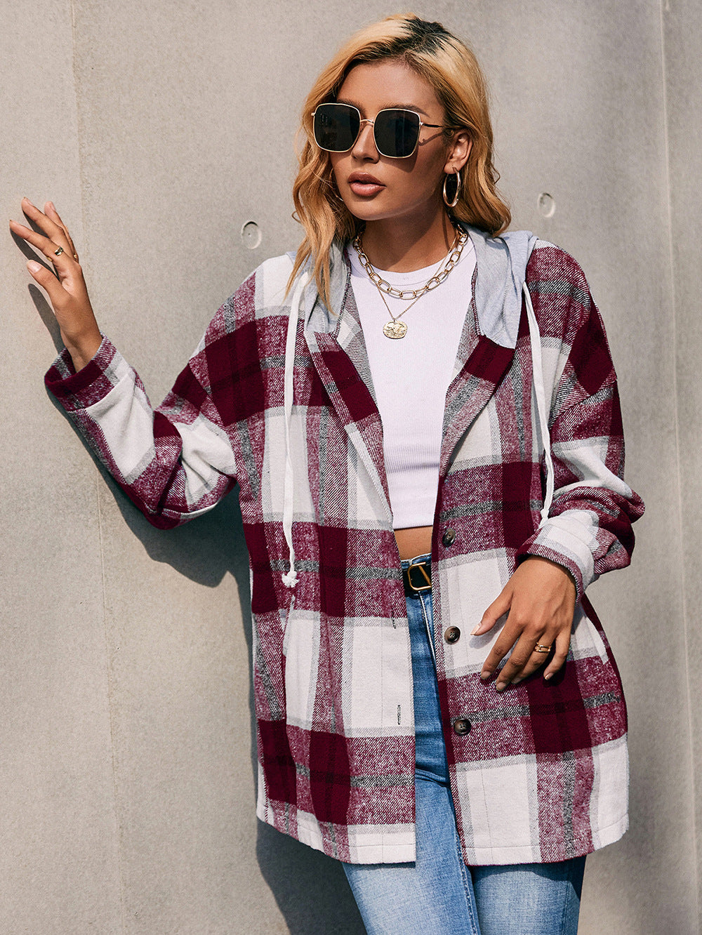 Ivy Lane Plaid Dropped Shoulder Hooded Jacket