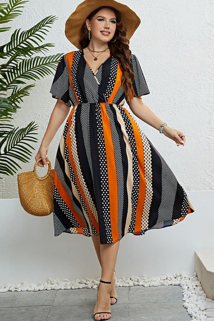 Honey Mixed Print Striped Flutter Sleeve Dress