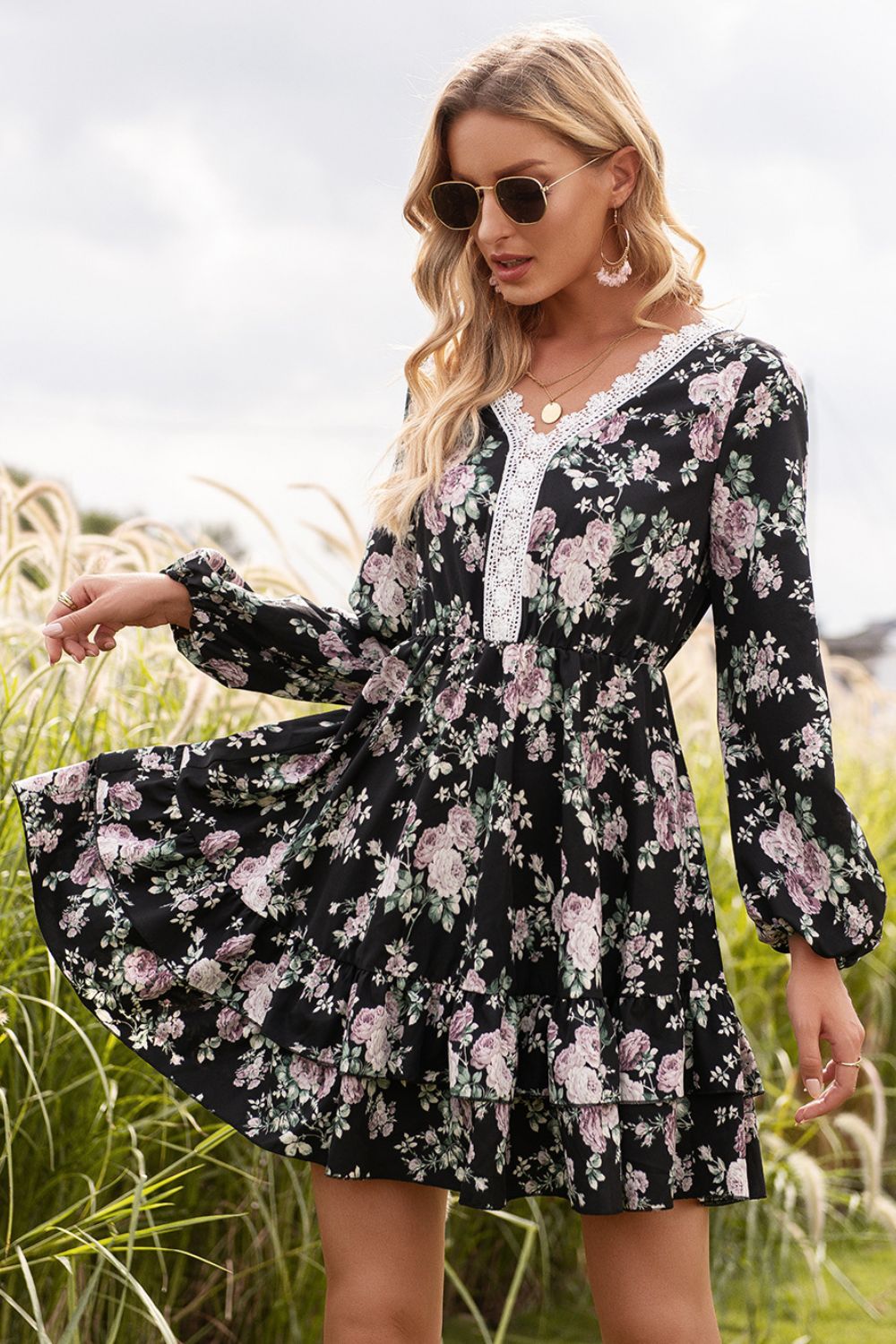 Ivy Lane Floral Lace Trim Long Sleeve Dress