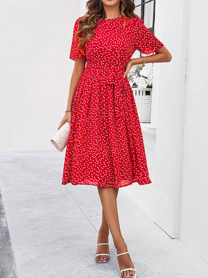 Devine Printed Round Neck Short Sleeve Dress