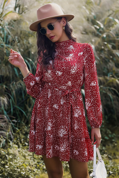 Honey Printed Mock Neck Long Sleeve Tie Waist Mini Dress