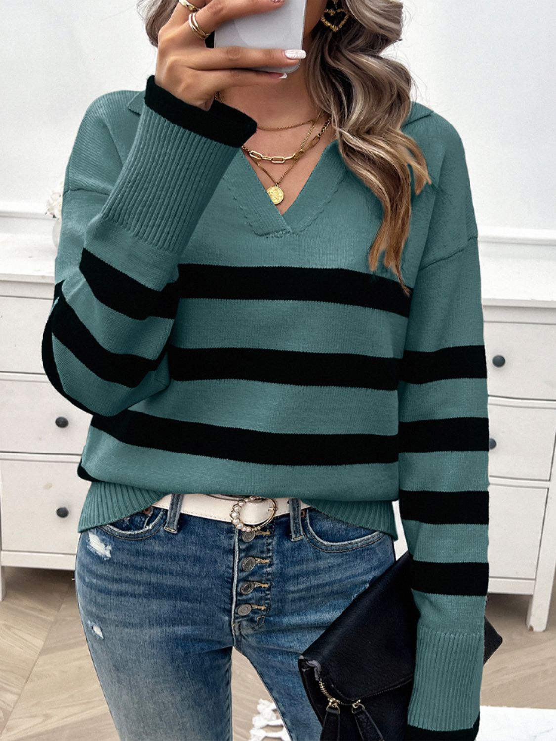 Devine Striped Collared Neck Long Sleeve Sweater