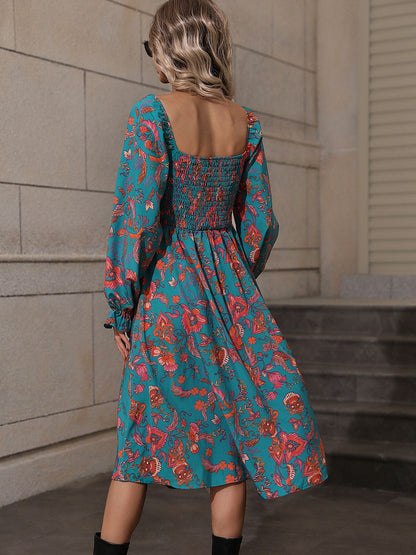 Honey Printed Square Neck Flounce Sleeve Dress