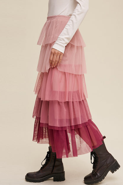 Elastic Waist Layered Tulle Midi Skirt