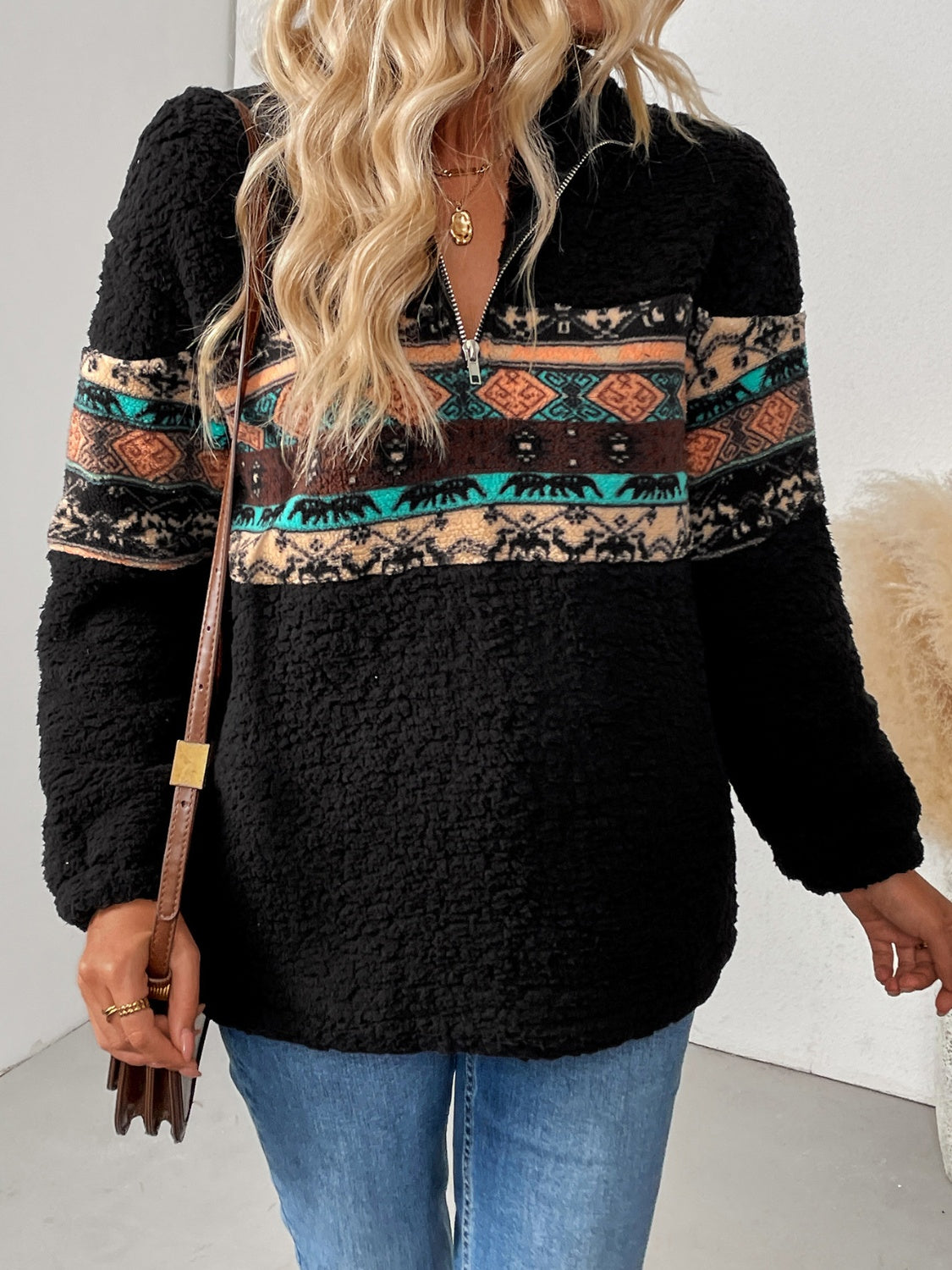 Quarter Zip Geometric Long Sleeve Sweatshirt