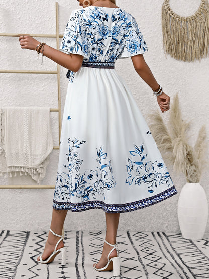 Honey Printed Surplice Flutter Sleeve Dress