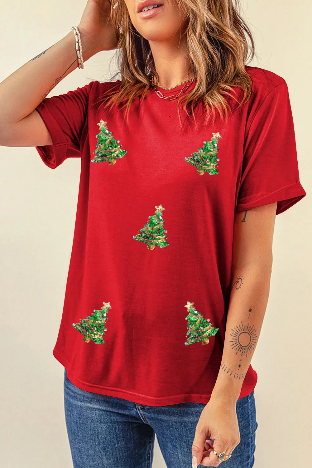 Sequin Christmas Tree Round Neck Short Sleeve T-Shirt