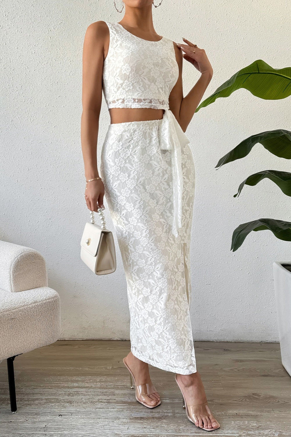 Honey Lace Round Neck Top and Slit Skirt Set