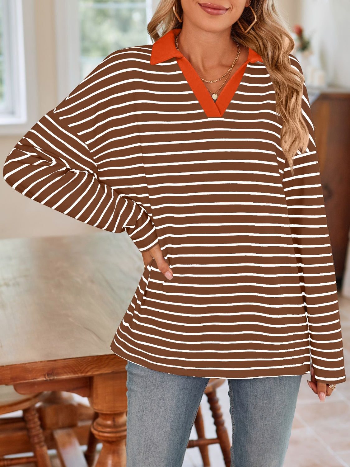 Lovelet Striped Johnny Collar Long Sleeve T-Shirt