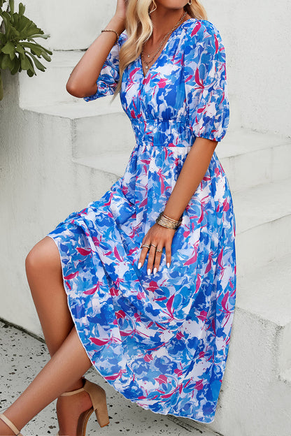 Devine Smocked Printed V-Neck Short Sleeve Dress