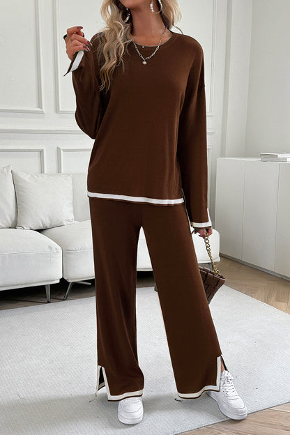 Devine Contrast Trim Round Neck Top and Pants Set