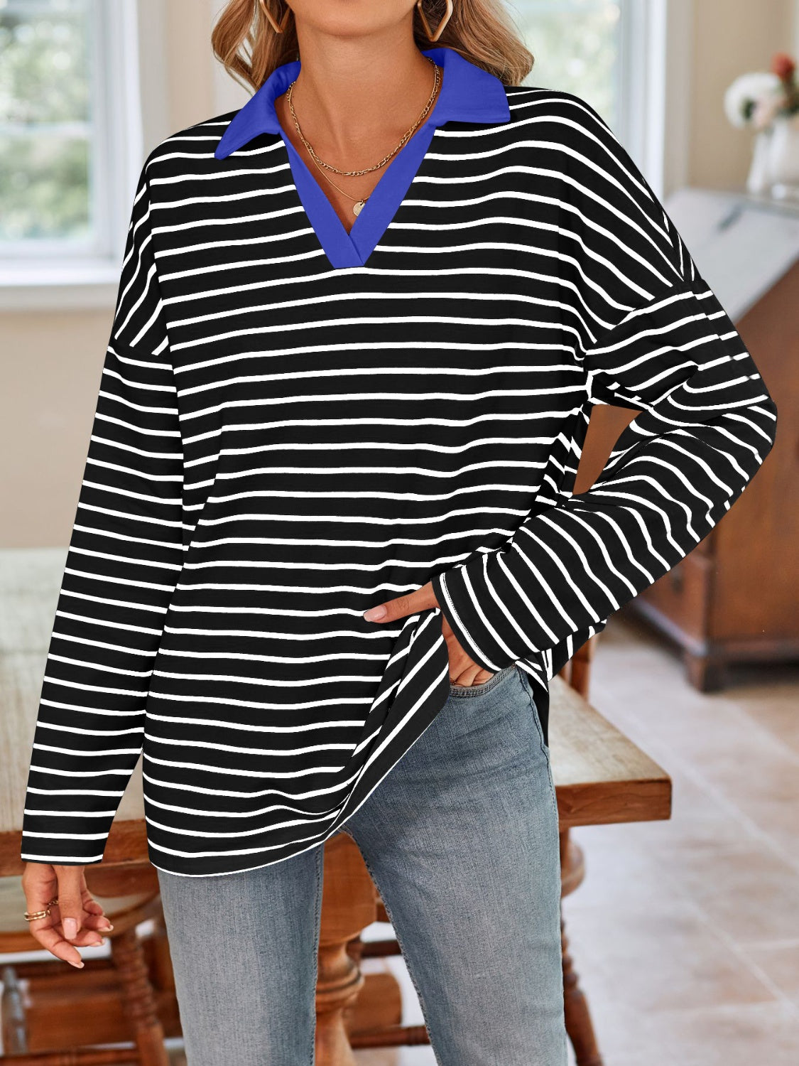 Lovelet Striped Johnny Collar Long Sleeve T-Shirt