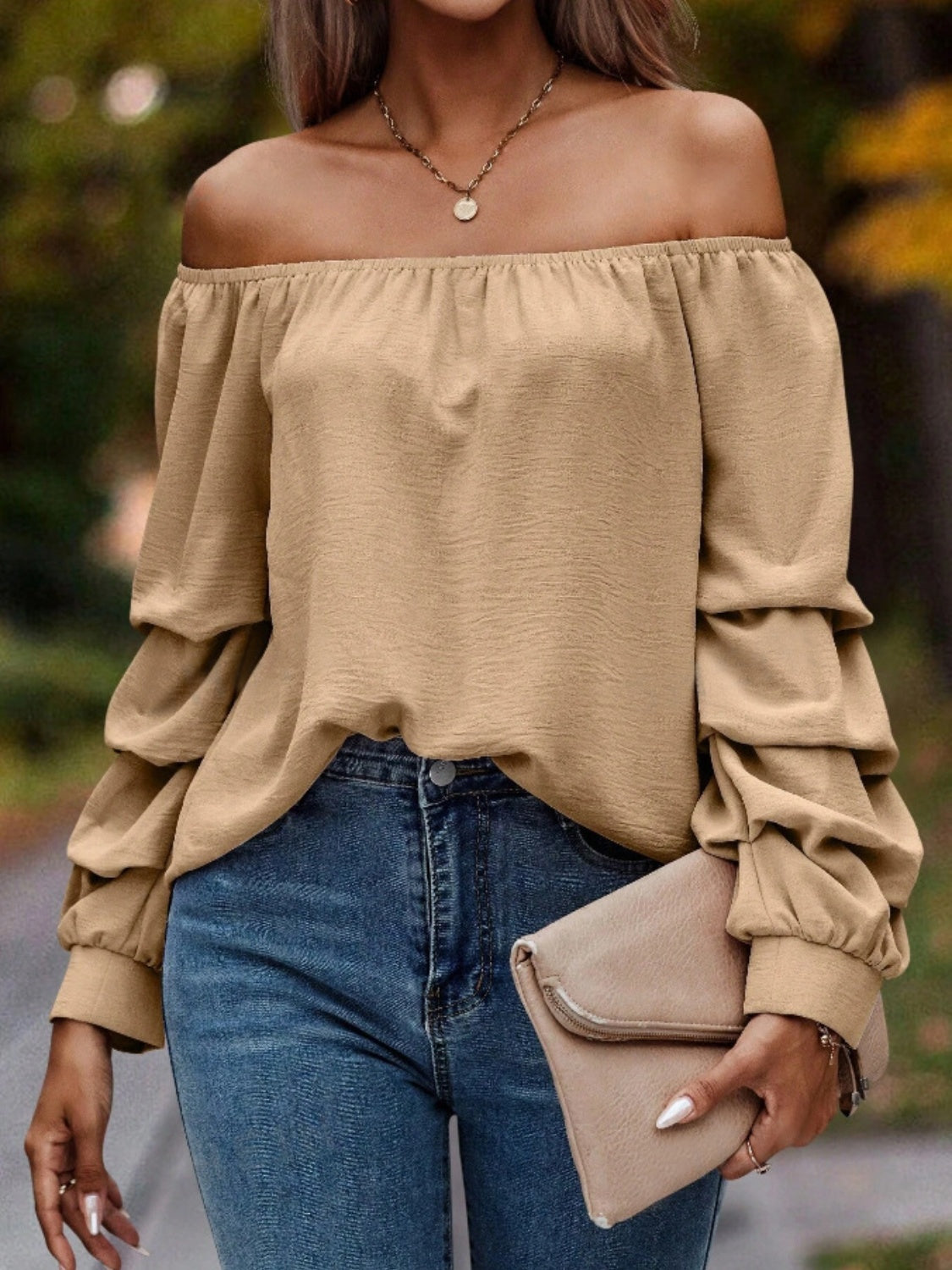 Ruched Off-Shoulder Long Sleeve Blouse