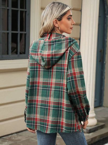 Drawstring Plaid Hooded Long Sleeve Top