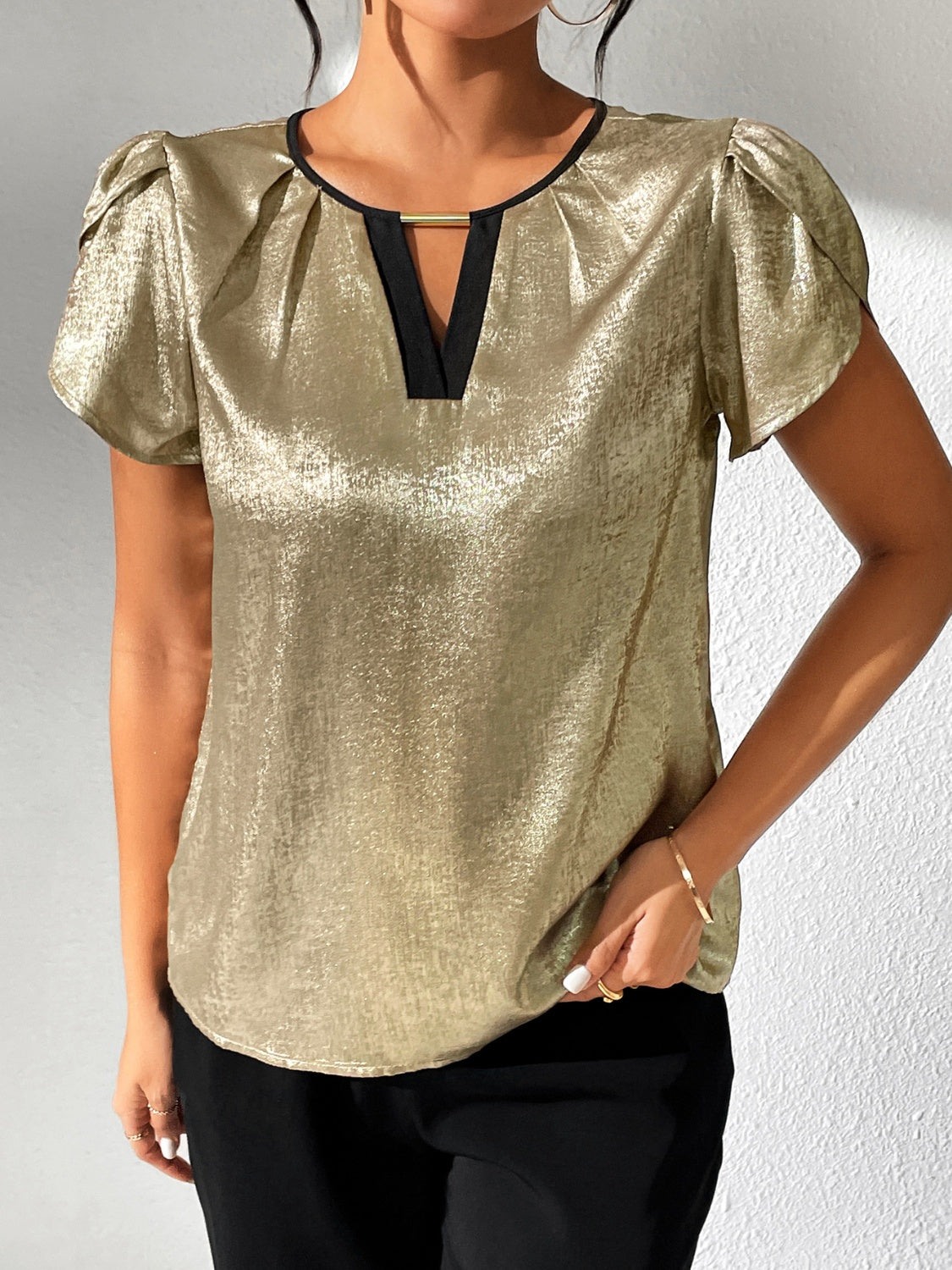 Honey Cutout Round Neck Short Sleeve Blouse