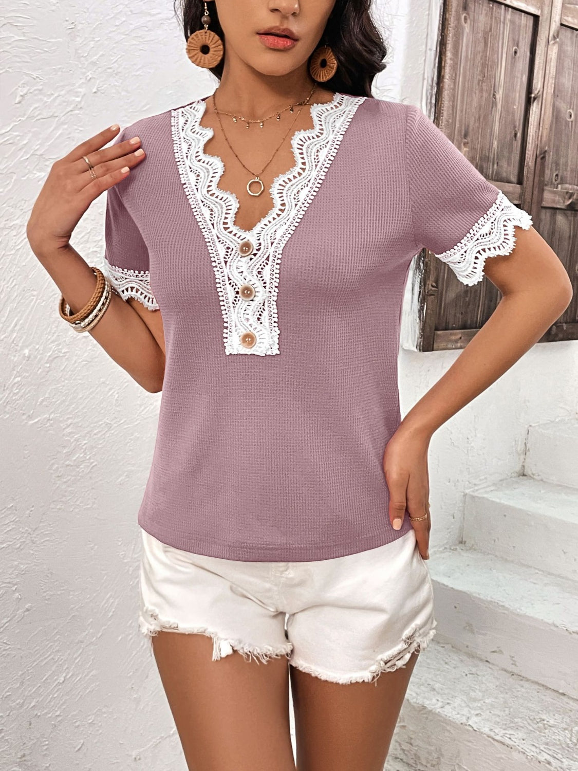 Ivy Lane Lace Detail V-Neck Short Sleeve T-Shirt