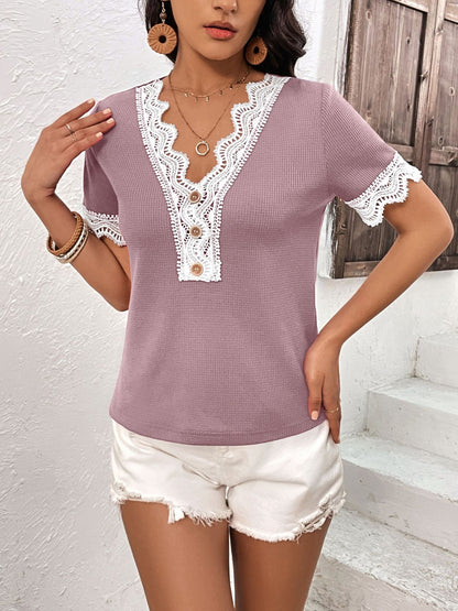 Ivy Lane Lace Detail V-Neck Short Sleeve T-Shirt