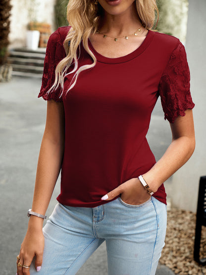 Devine Lace Detail Round Neck Short Sleeve T-Shirt