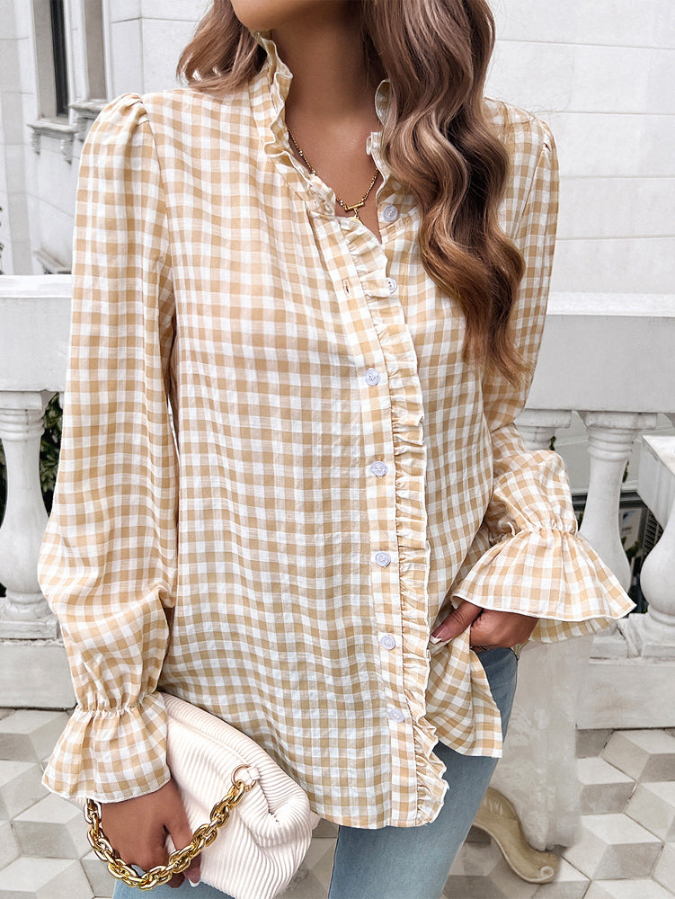 Devine Frill Ruffled Plaid Long Sleeve Shirt