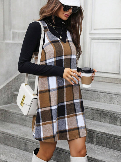 Plaid V-Neck Wide Strap Tank Dress