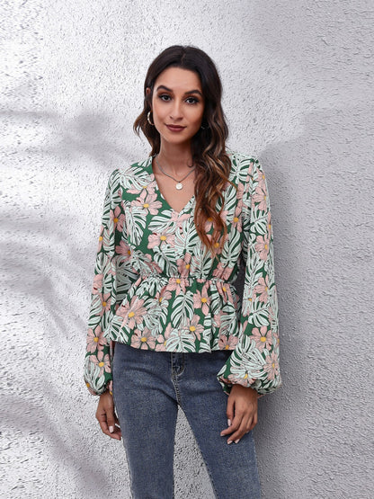 Floral V-Neck Balloon Sleeve Peplum Blouse