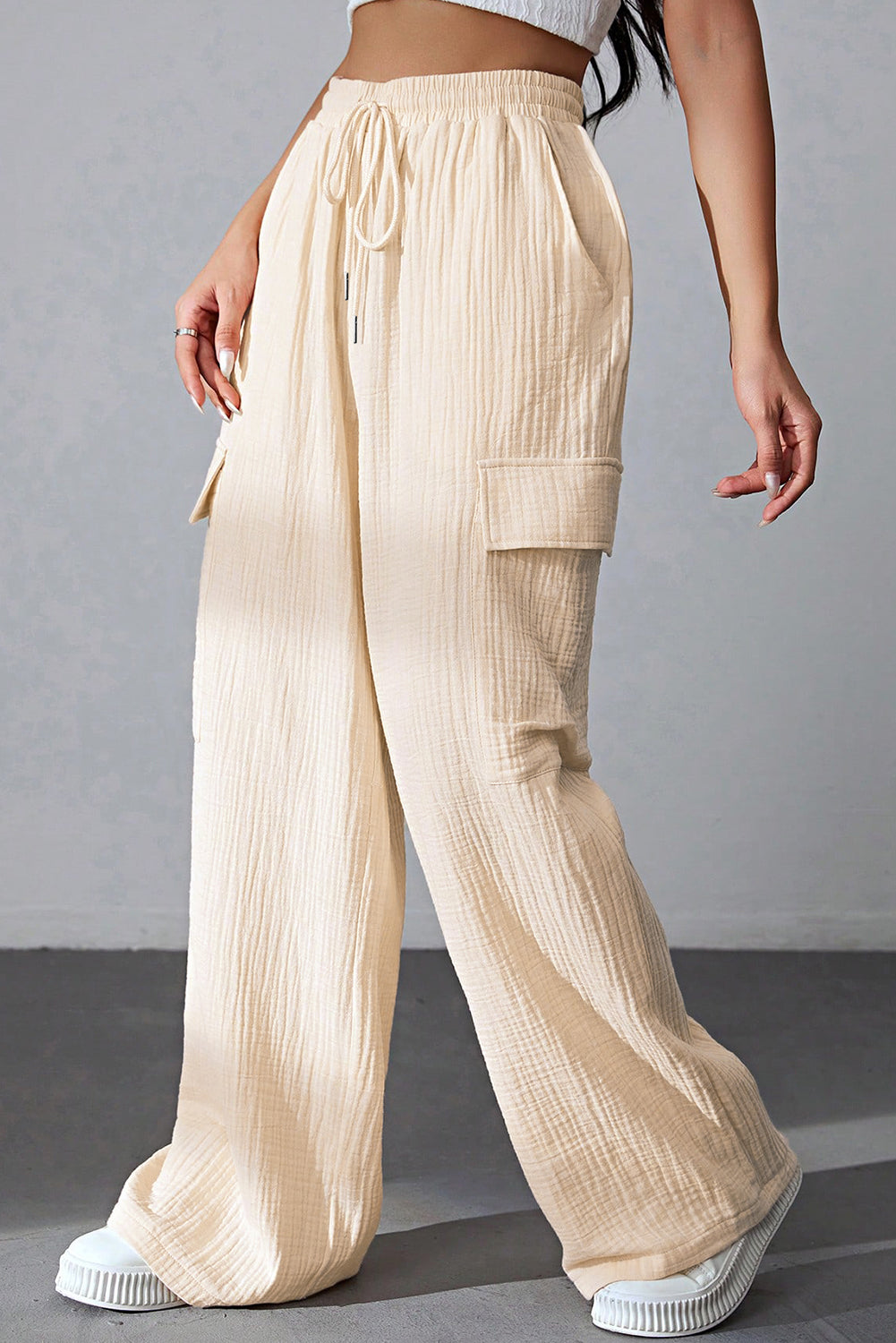 Drawstring Pocketed Wide Leg Pants